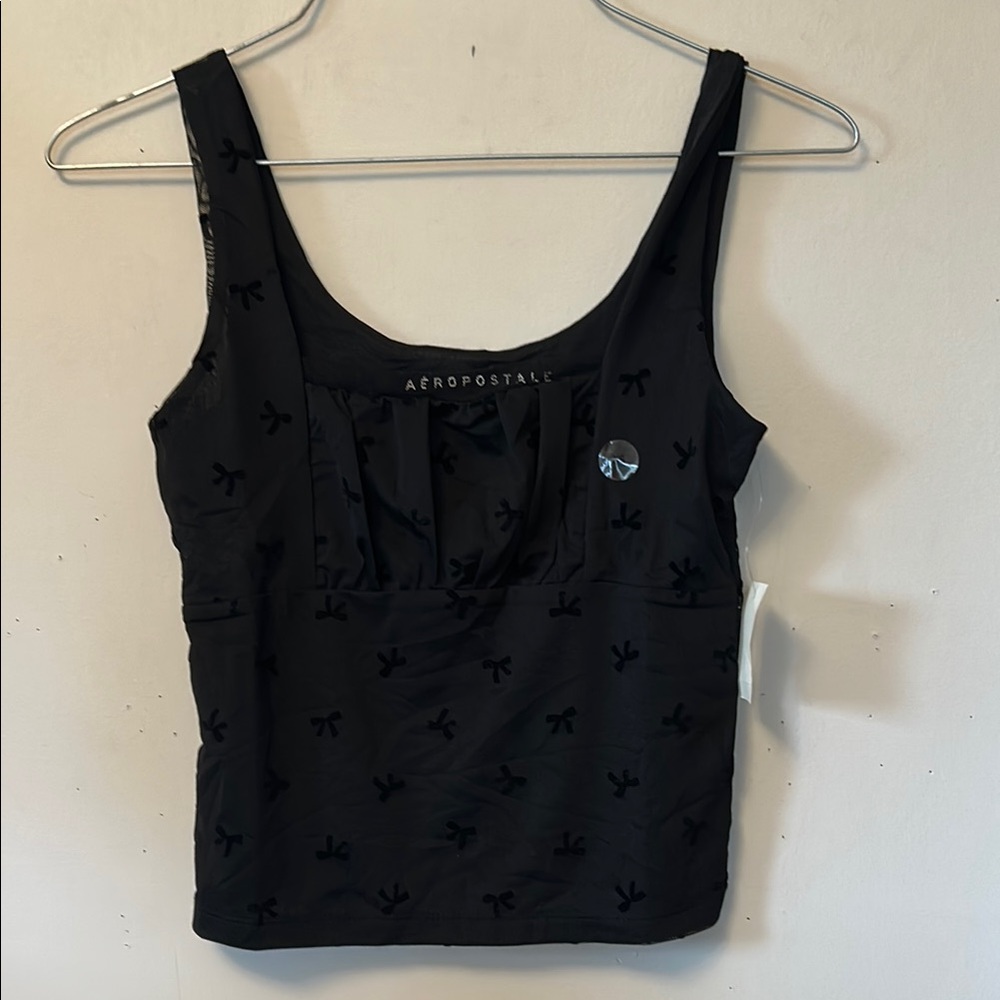Aeropostale blk tank top small appliqué bows ruffle in center front size XS NWT